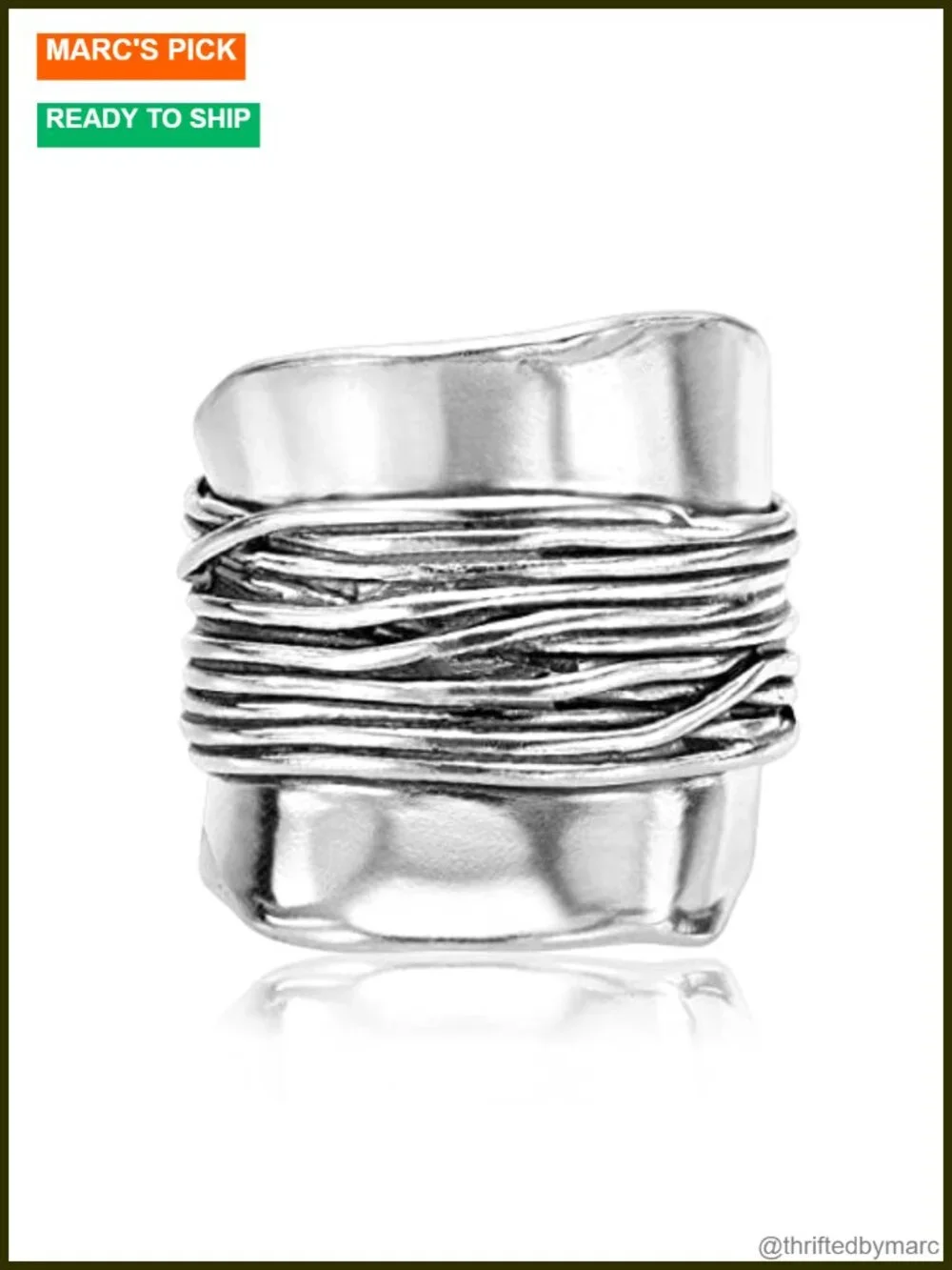 Sterling Silver Wide Shield Ring Wire Wrap Vintage Statement